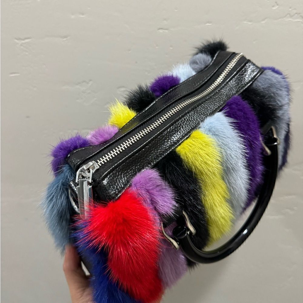 Multi Way Use Handmade Color-block Real Mink Fur Top Handles Satchel/Crossbody - Picture 11 of 16